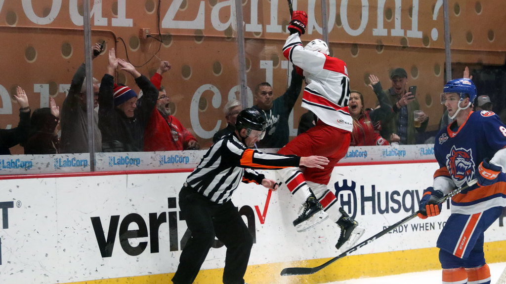 Charlotte Checkers center Nicolas Roy scores at Bojangles' Coliseum